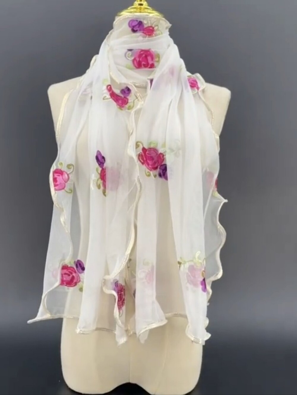 Sheer White Scarf W/Pink & Purple Floral Embroidery & Wavy Trim (OS-63"×13.7")